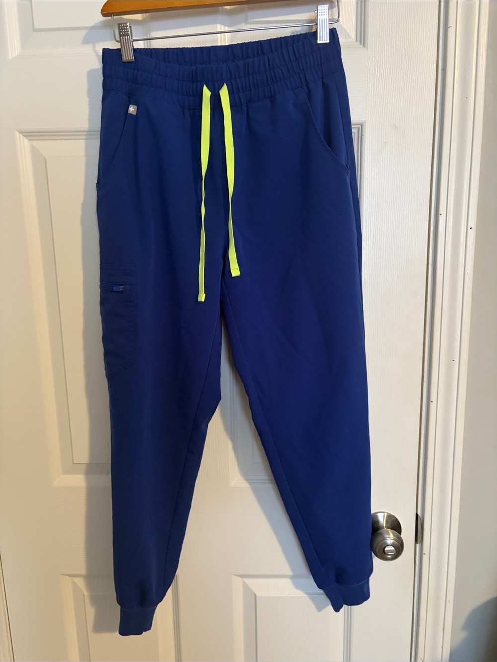 Women’s Jogger High Waist Scrub Pants in Electric Blue with Neon Drawstring